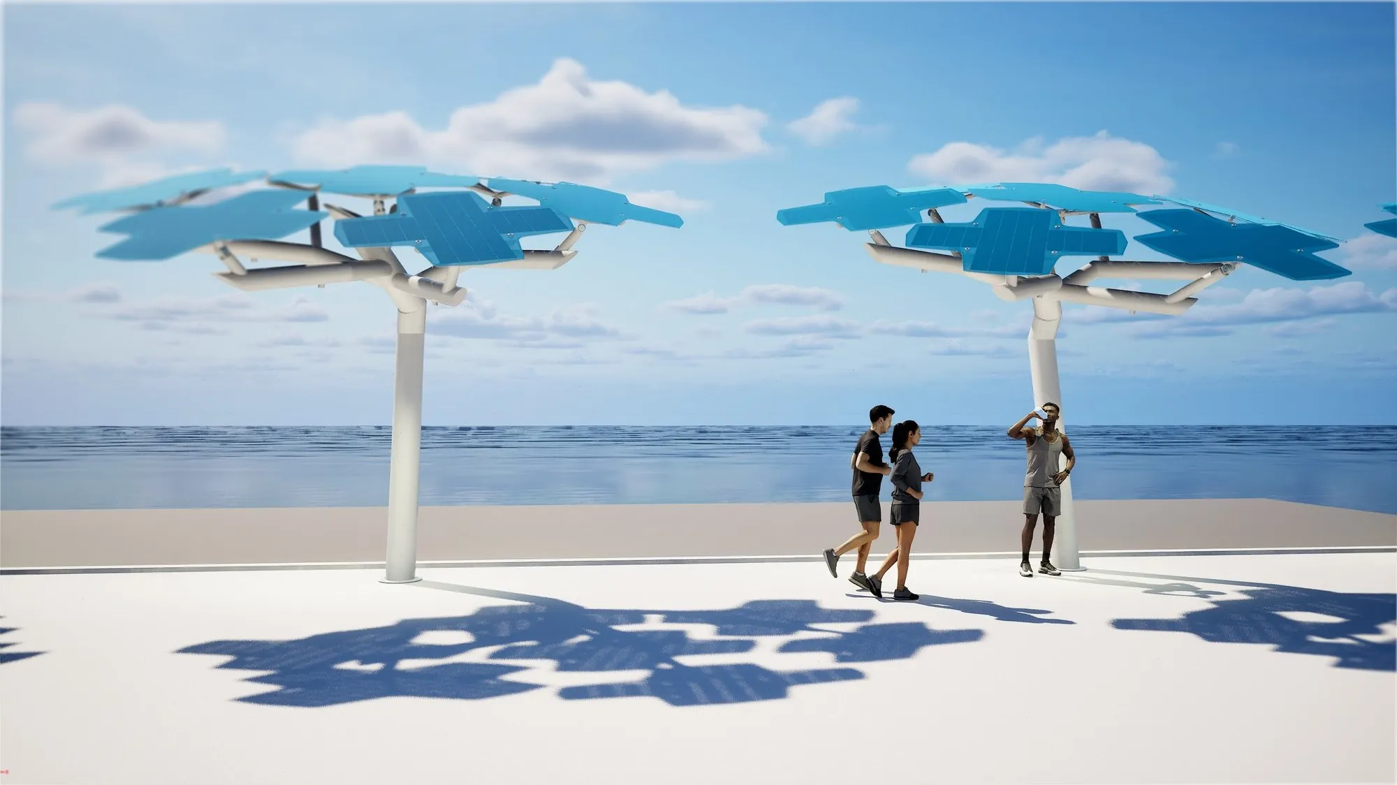 Render of an orchard of Marine Solar Trees along a marina boardwalk
