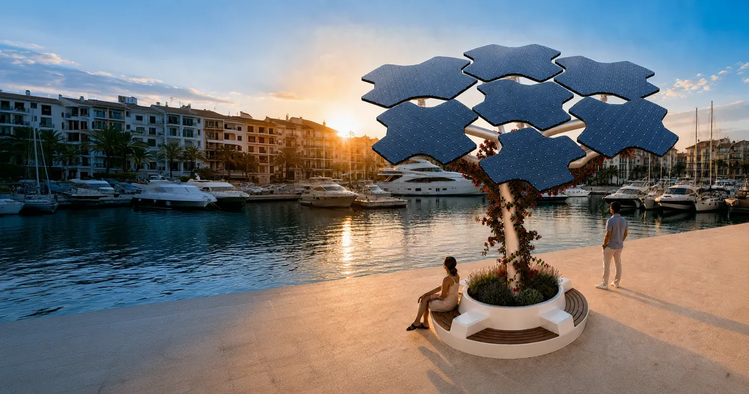 A Marine Solar Tree with its circular bench on a marina promenade at sunset, yachts moored beyond